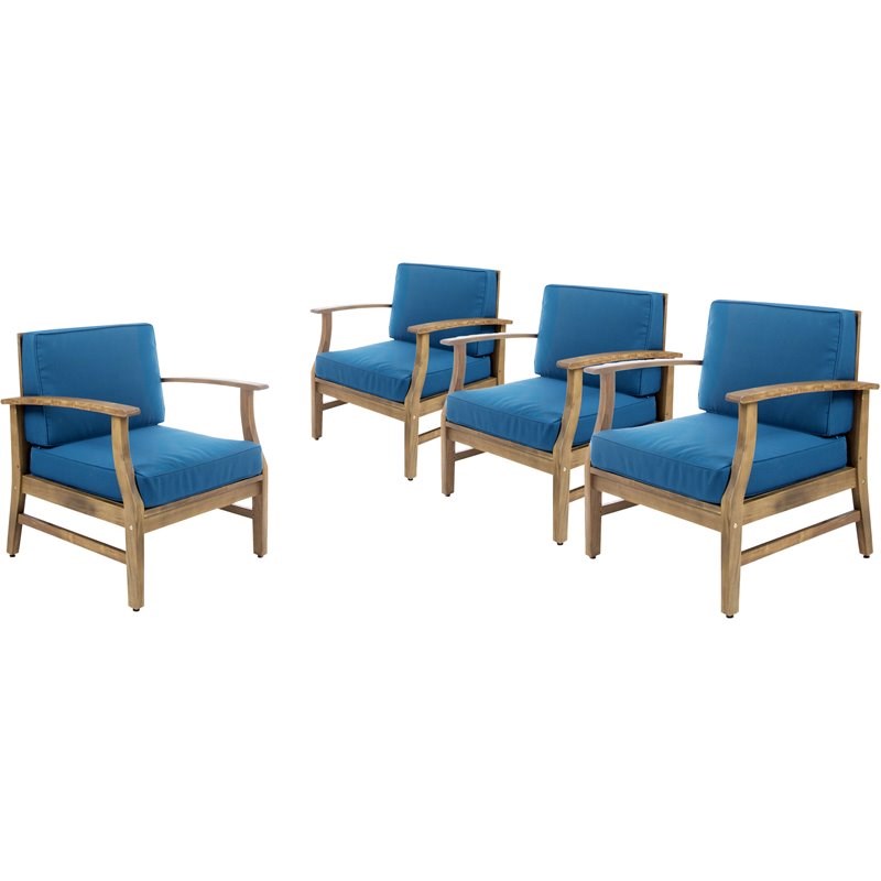 Noble House Perla Outdoor Teaked Acacia Wood Chair with Blue Cushion (Set of 4)