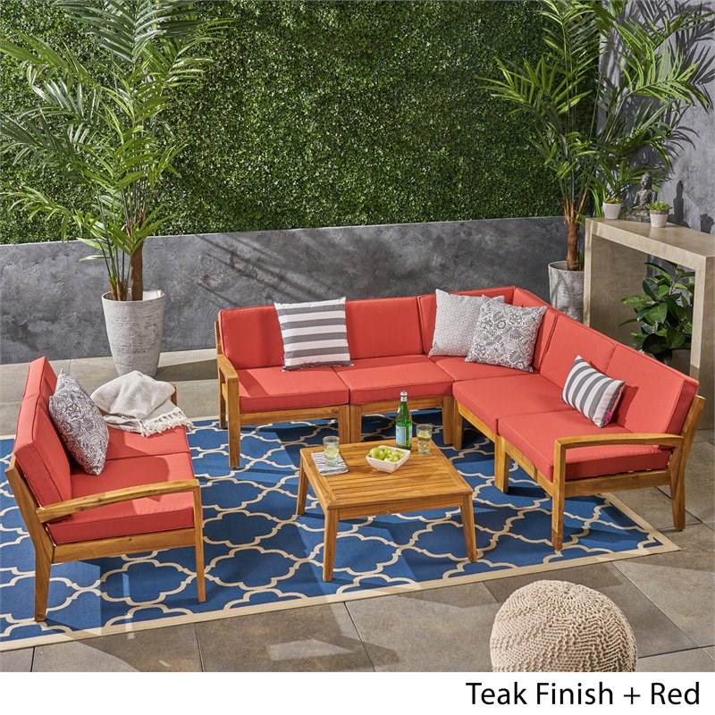 Noble House Grenada Outdoor Acacia Wood 7 Seater Sectional Sofa Set Teak/Red