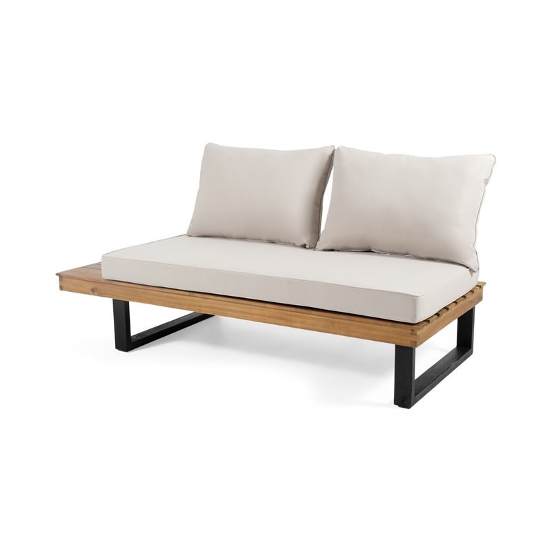 Noble House Sebastian Wood 5 Seater Sofa Sectional with Cushions Teak/Beige
