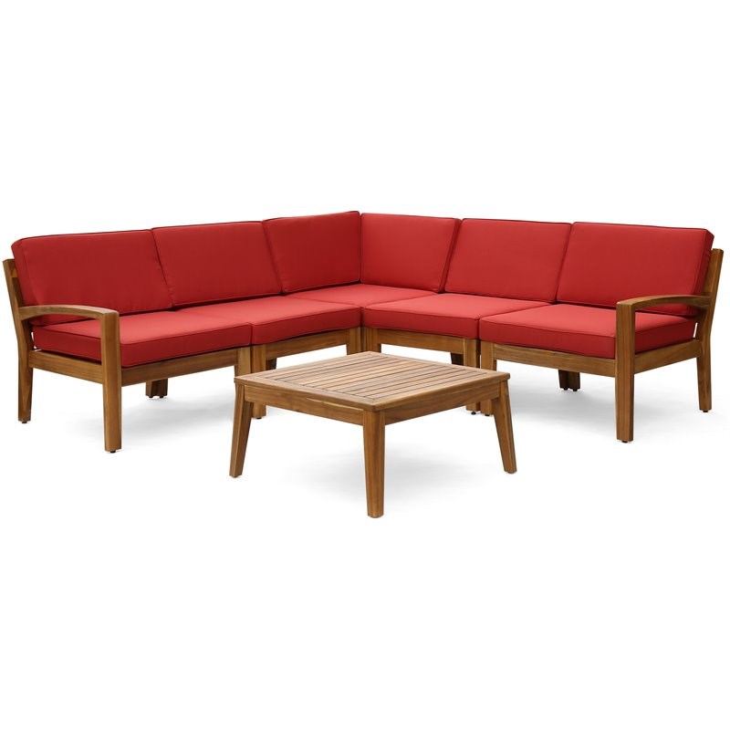 Noble House Grenada Outdoor Acacia Wood 5 Seater Sectional Sofa Set Teak/Red