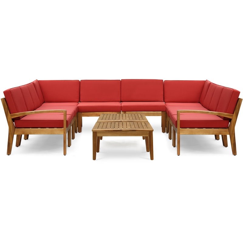 Noble House Grenada Outdoor Acacia Wood 10 Seater Sectional Sofa Set Teak/Red