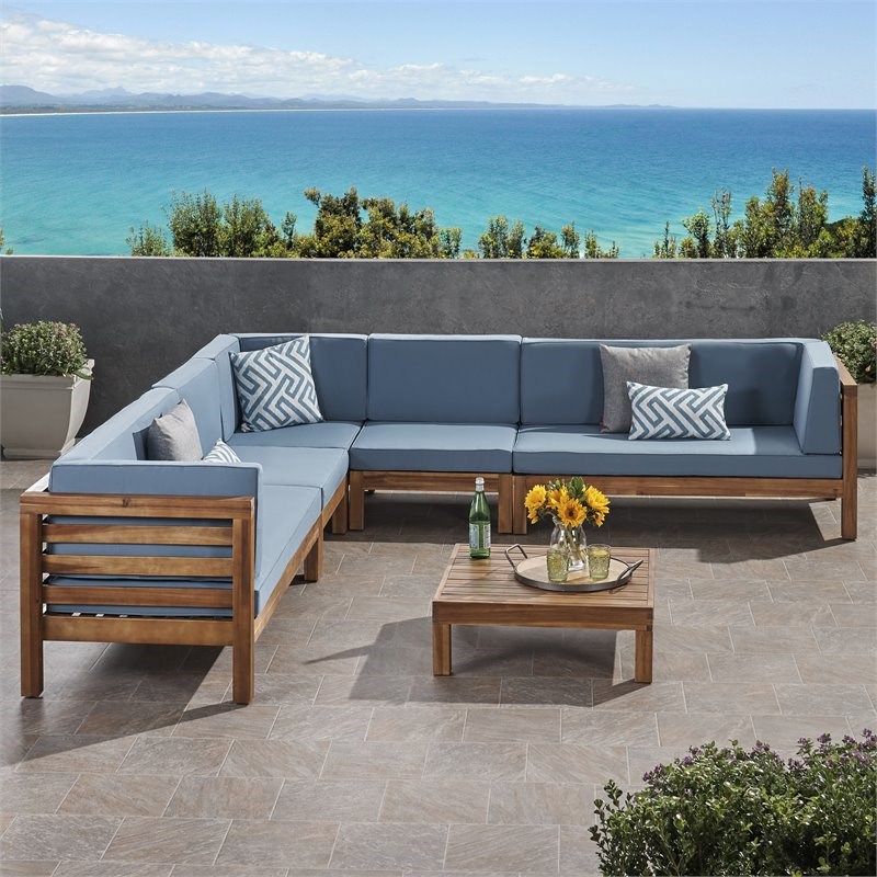 Noble House Oana 7 Seater Acacia Wood Sectional Sofa Set Teak/Blue