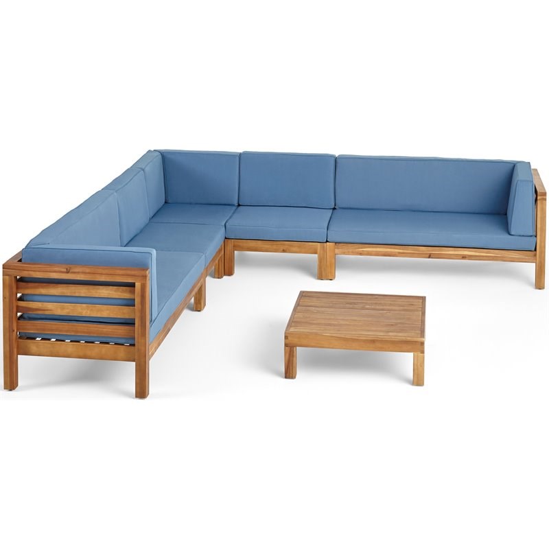Noble House Oana 7 Seater Acacia Wood Sectional Sofa Set Teak/Blue