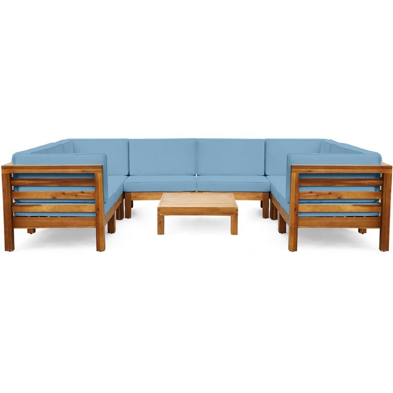 Noble House Oana 9pc U-Shaped Sectional Sofa Set Cushion Teak/Blue