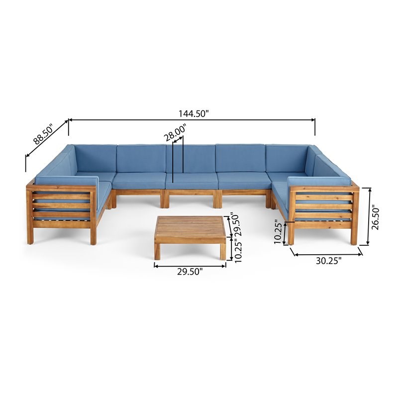 Noble House Oana 9 Seater Acacia Wood Sectional Sofa Set Teak/Blue