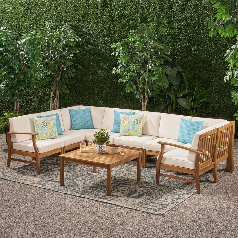 Perla Outdoor 8 Seater Teaked Acacia Wood Sectional Sofa Set with Cream Cushions