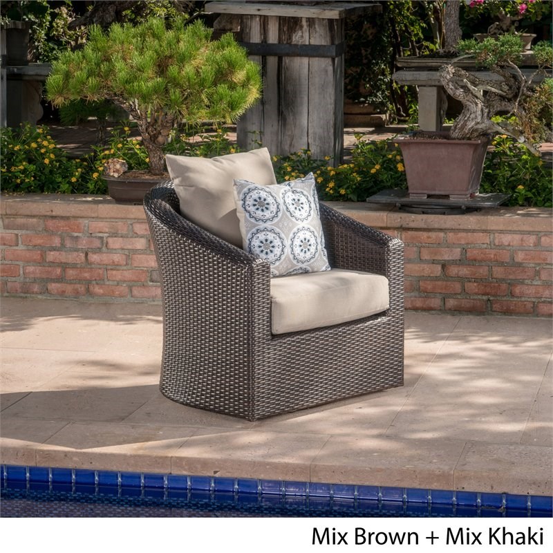 Noble House Darius Outdoor Aluminum Brown Wicker Swivel Chair Mix Khaki Cushion