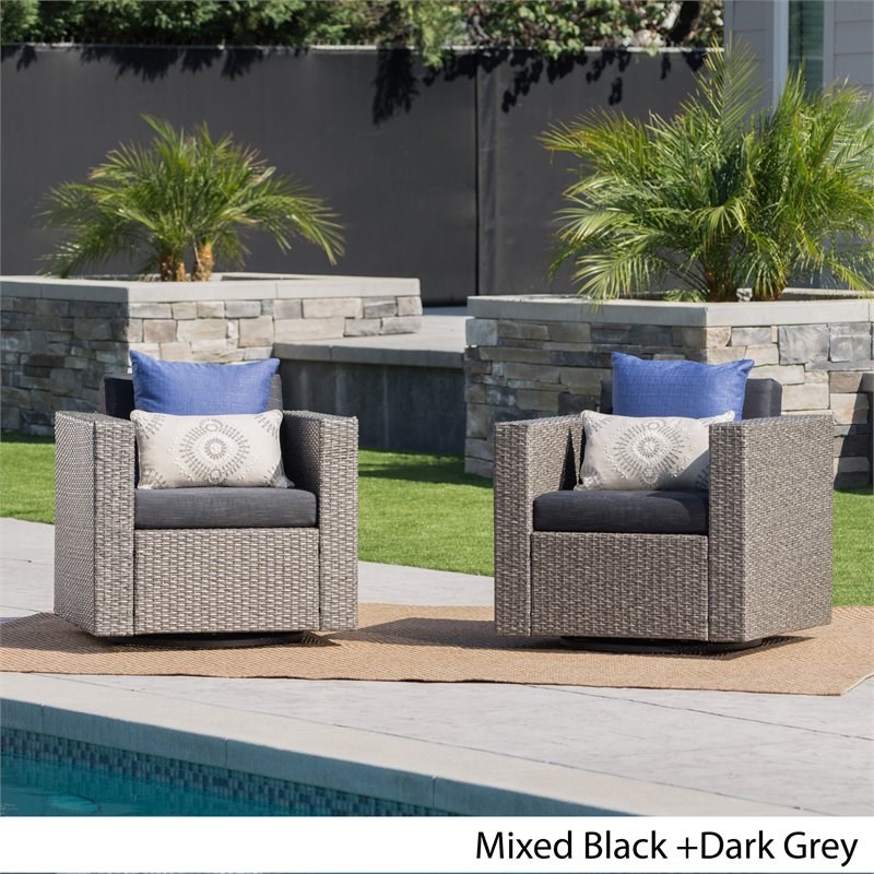 Noble House Puerta Mixed Black Wicker Swivel Chair Dark Grey Cushion (Set of 2)