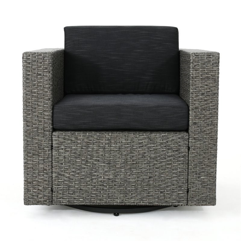 Noble House Puerta Mixed Black Wicker Swivel Chair Dark Grey Cushion (Set of 2)