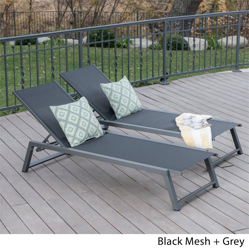 Noble House Myers Outdoor Black Mesh Lounge with Grey Aluminum Frame (Set of 2)