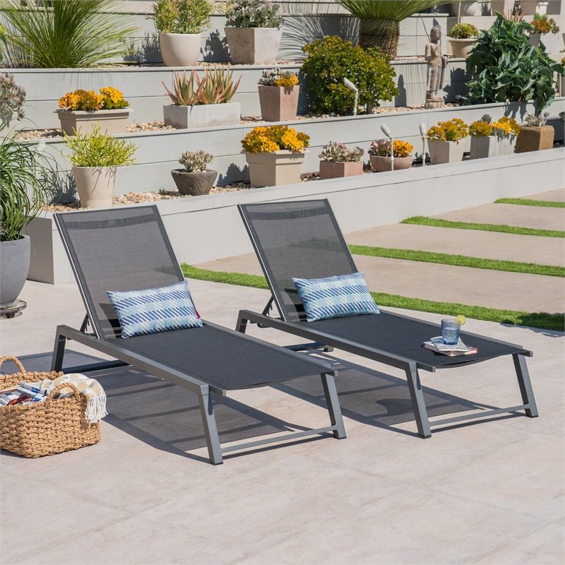 Noble House Myers Outdoor Black Mesh Lounge with Grey Aluminum Frame (Set of 2)