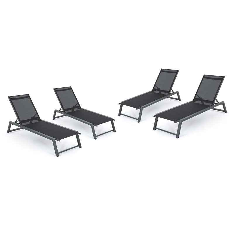 Noble House Myers Outdoor Black Mesh Lounge with Grey Aluminum Frame (Set of 4)
