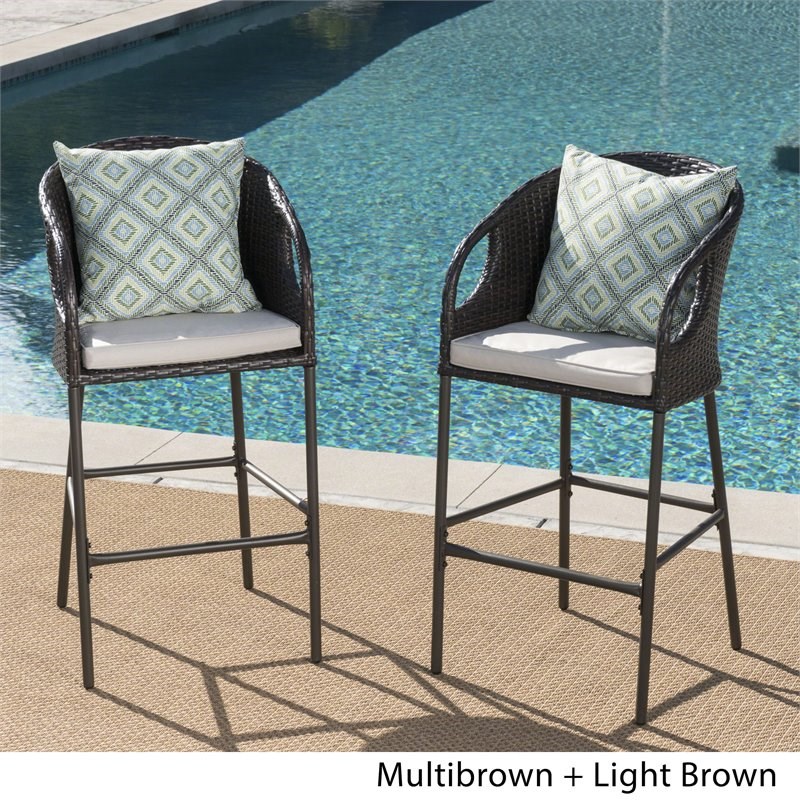 Noble House Dominica Multi Brown Wicker Barstools Light Brown Cushion (Set of 2)