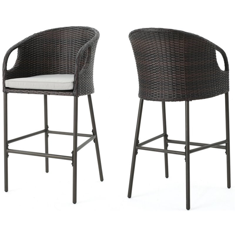 Noble House Dominica Multi Brown Wicker Barstools Light Brown Cushion (Set of 2)