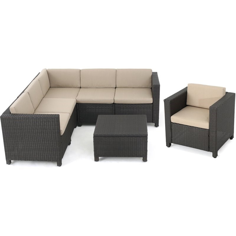 Noble House Puerta Outdoor Dark Brown Wicker V-Shaped Sectional Sofa Set