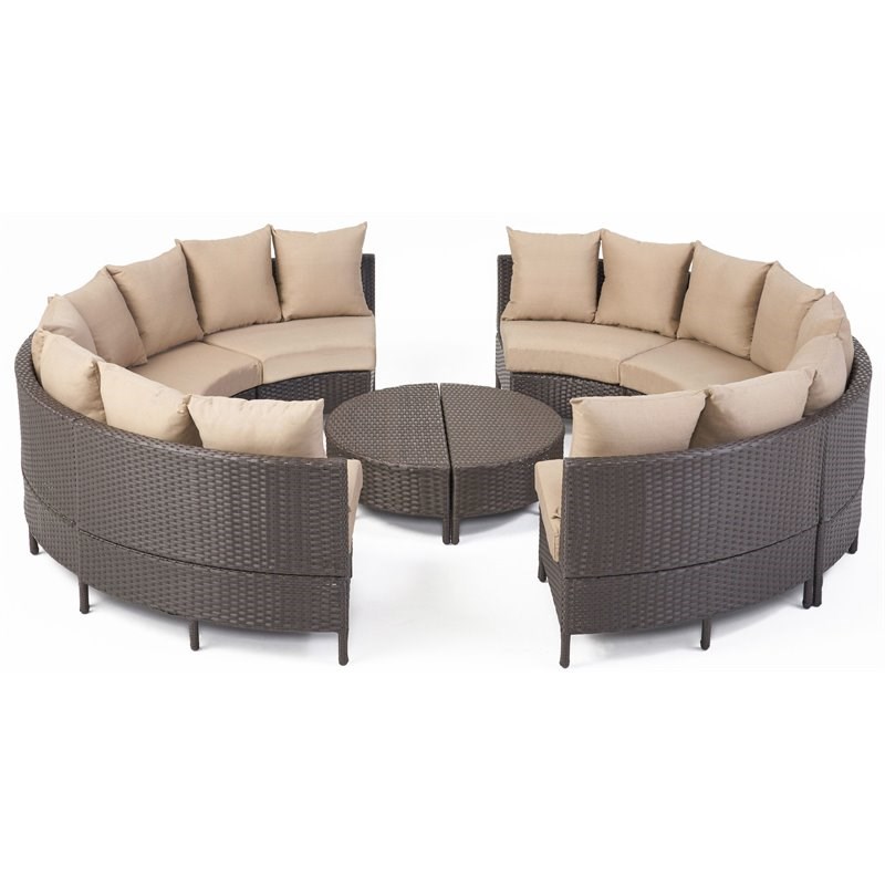 Noble House Newton 8 Seater Round Wicker Sectional Sofa Set Dark Brown and Beige