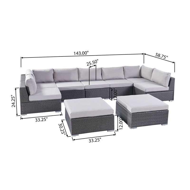 Santa Rosa 7 Seater Sectional Sofa Set with Cushions Grey with Silver Cushions
