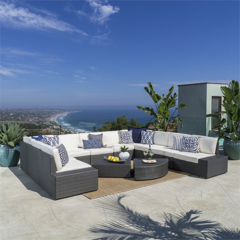 Santa Cruz Outdoor 10 Seater Wicker Sectional Sofa Set with Cushions Gray/White