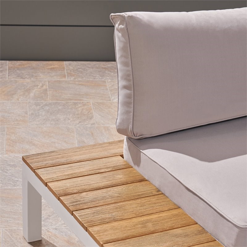 Noble House Eldon Aluminum and Wood V-Shaped Sofa Set Light Gray/White Cushion