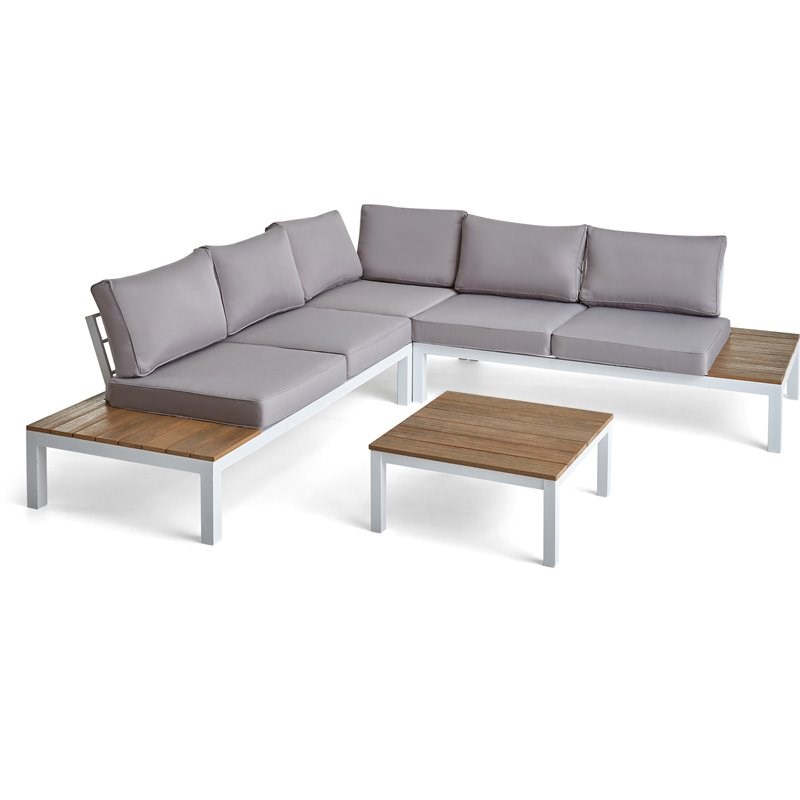 Noble House Eldon Aluminum and Wood V-Shaped Sofa Set Light Gray/White Cushion