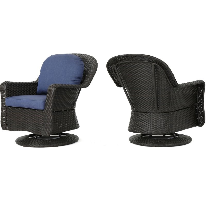 Noble House Liam Outdoor Wicker Swivel Chair Navy Blue Cushion (Set of 2)
