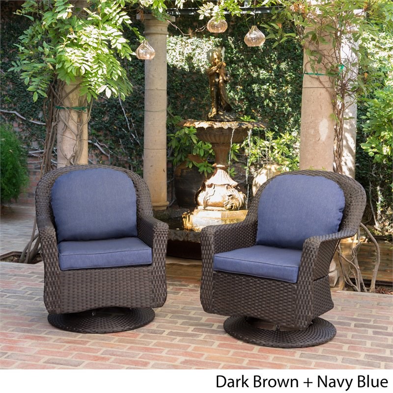Noble House Liam Outdoor Wicker Swivel, Outdoor Furniture With Navy Blue Cushions