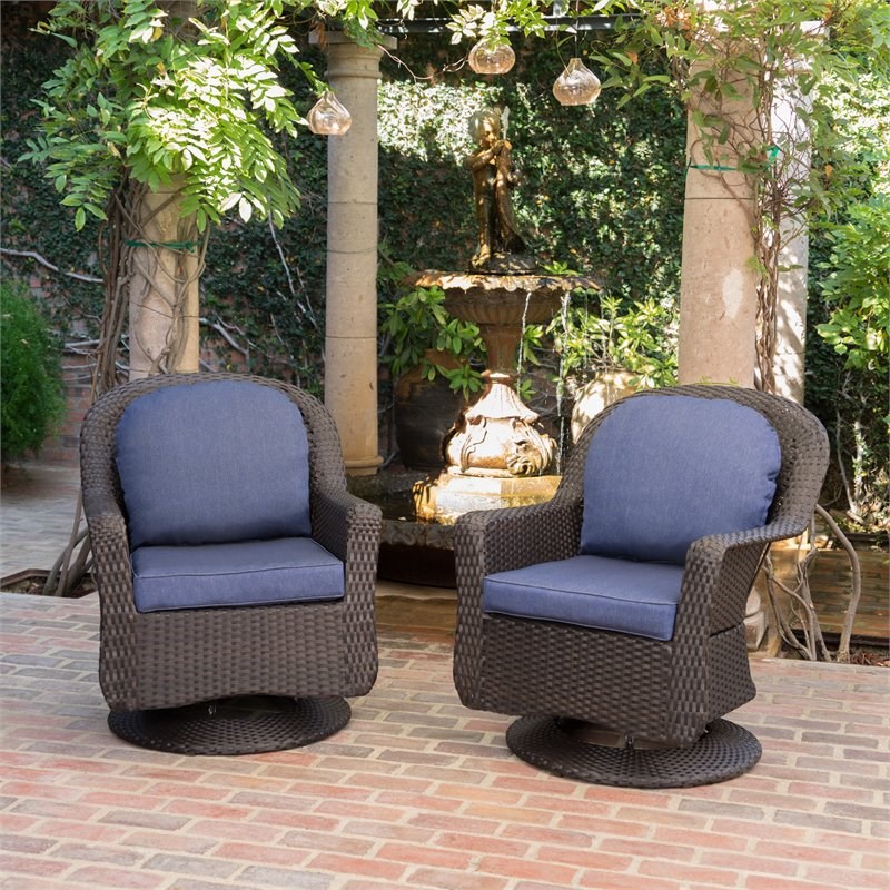 Noble House Liam Outdoor Wicker Swivel Chair Navy Blue Cushion (Set of 2)