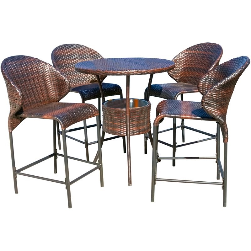 Noble House Multi Brown Wicker Outdoor Bistro Bar Set with Ice Pail