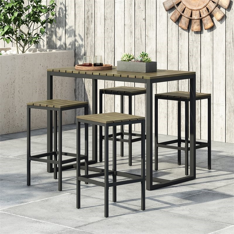 Noble House Elkhart Outdoor Modern 4 Seater Acacia Wood Bar Set Gray and Black