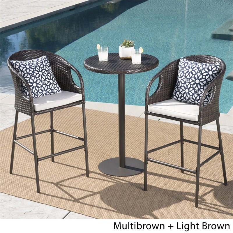 Noble House Dominica 3-Pc Multi Brown Wicker Round Bar Set w/Light Brown Cushion