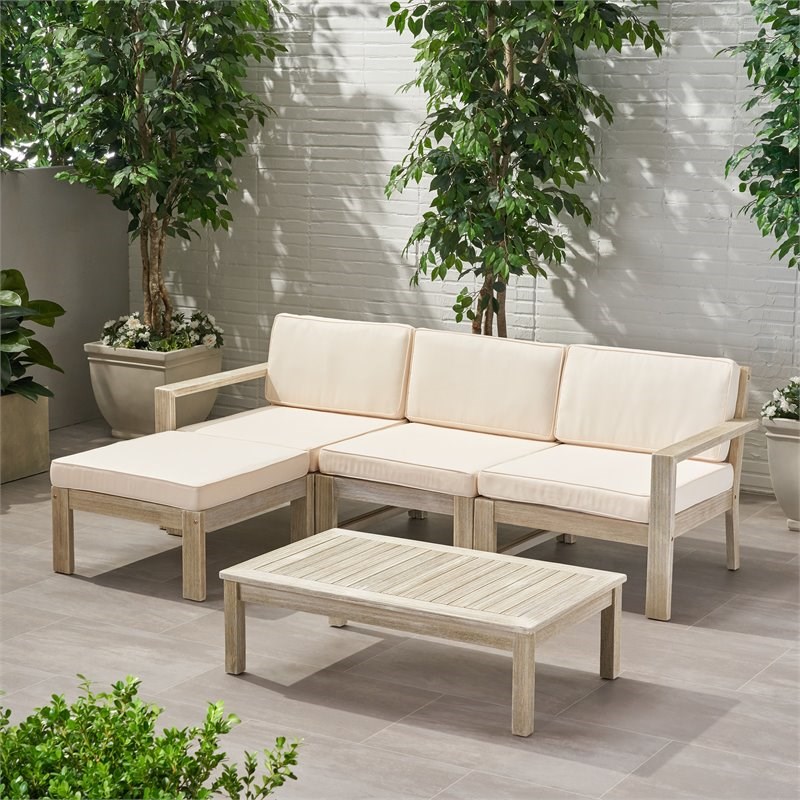 Santa Ana 3 Seater Acacia Wood Sofa Sectional with Cushion Light Gray/Cream
