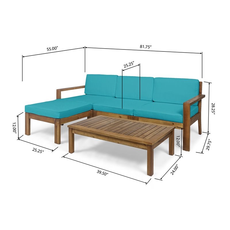 Santa Ana 3 Seater Acacia Wood Sofa Sectional with Cushion Teak/Teal