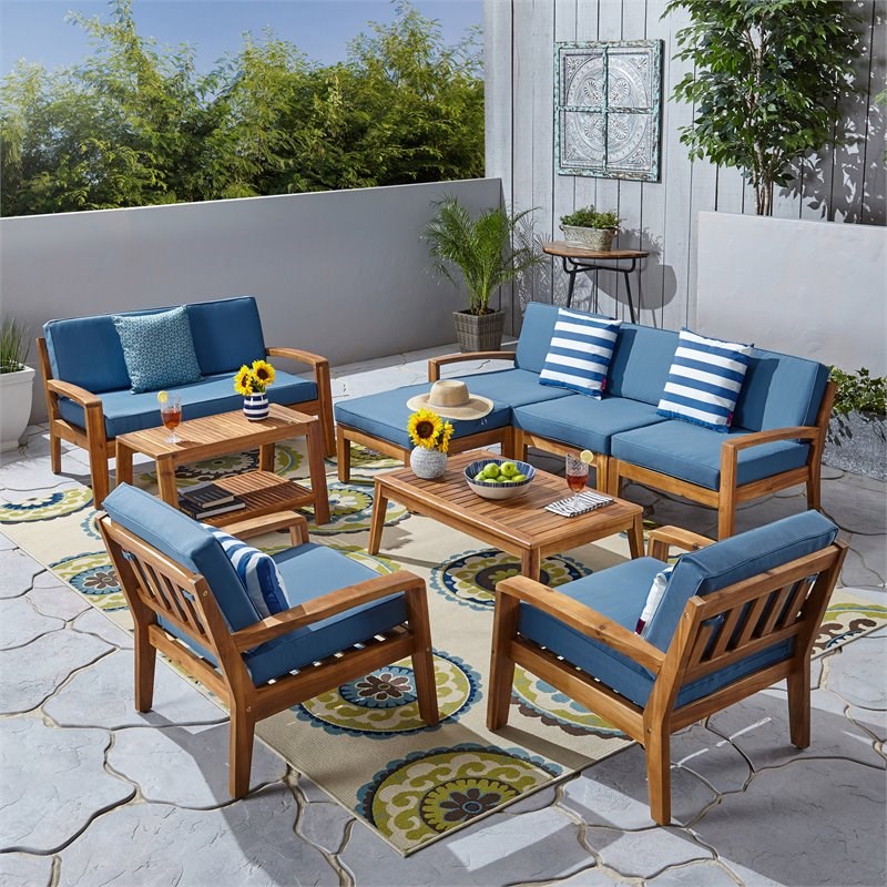Noble House Grenada 7-Seater Sectional Sofa Set with Blue Outdoor Cushions