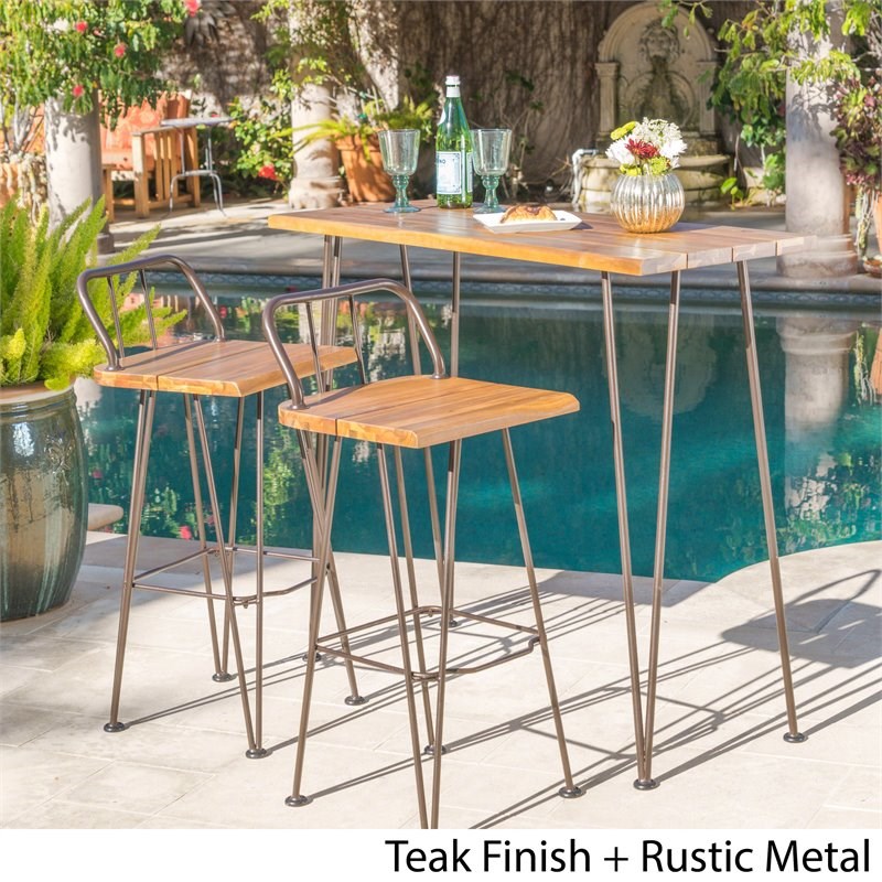 Noble House Denali Outdoor Teaked Acacia Wood Bar Set with Metal Iron Frame
