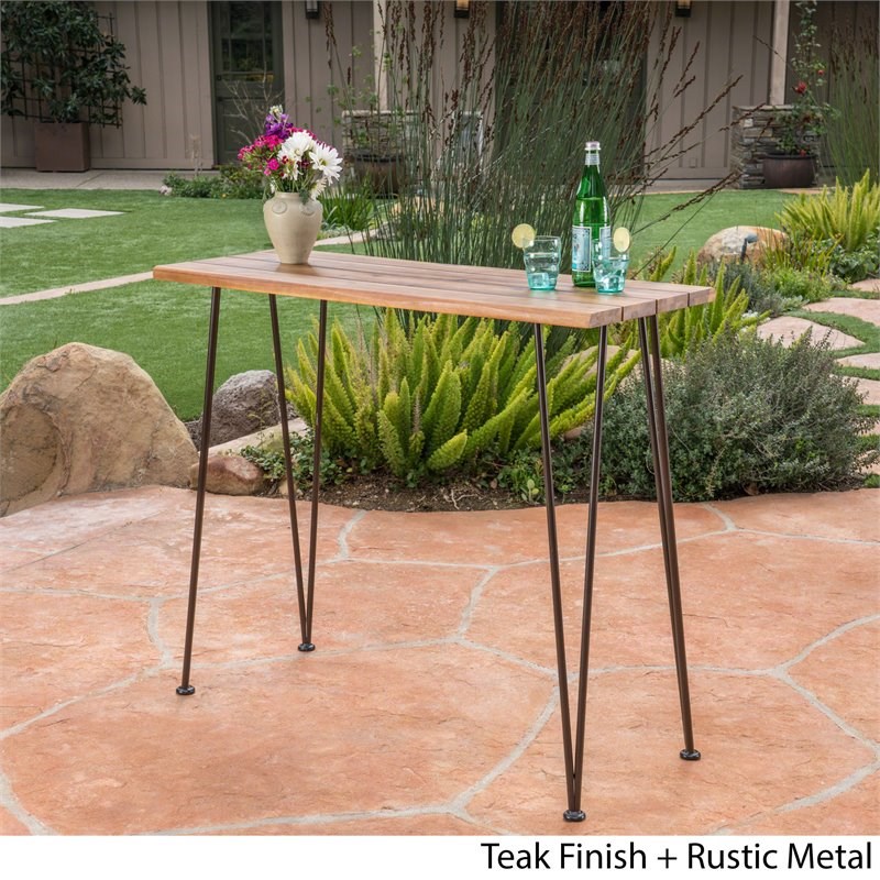 Noble House Denali Outdoor Teaked Acacia Wood Bar Table with Metal Iron Frame