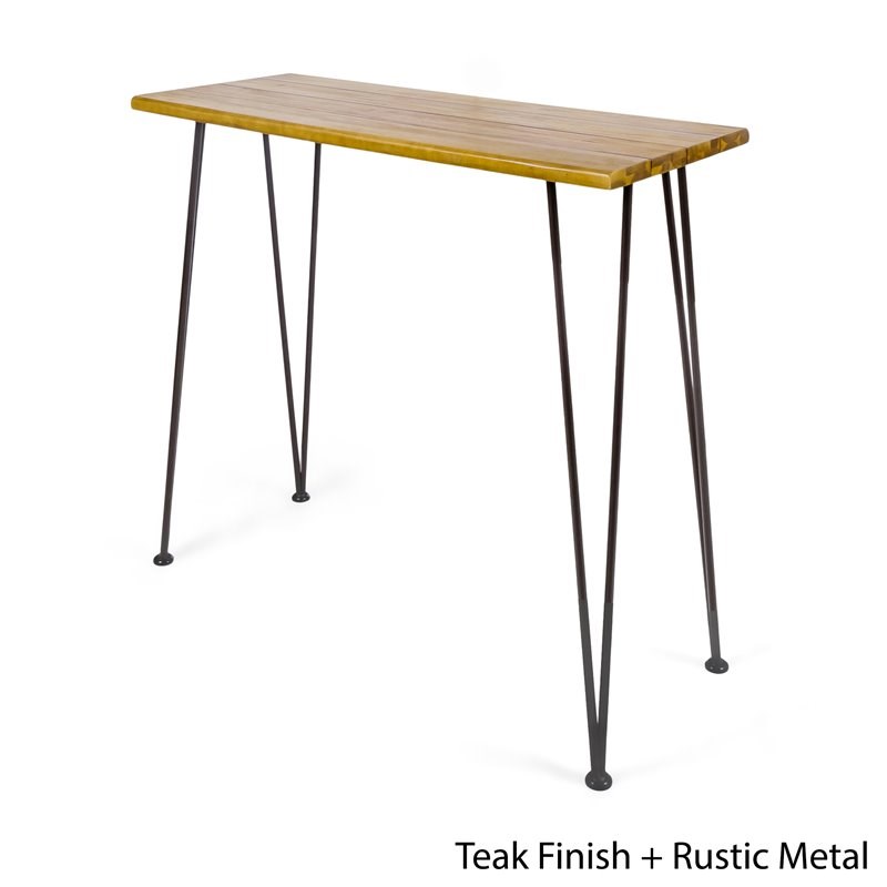 Noble House Denali Outdoor Teaked Acacia Wood Bar Table with Metal Iron Frame