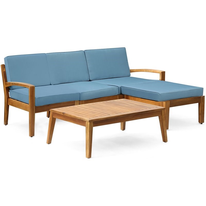 Noble House Grenada Outdoor 3 Seat Acacia Wood Sectional Sofa Set Teak/Blue