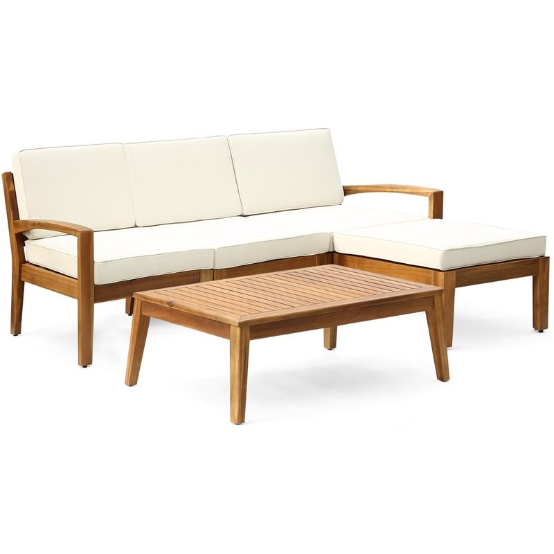 Noble House Grenada Outdoor 3 Seat Acacia Wood Sectional Sofa Set Teak/Beige