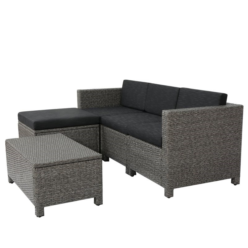 Noble House Puerta KD 5Pc PE Black and Grey Sofa Sectional with Table