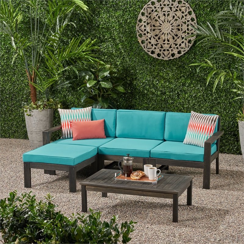 Santa Ana 3 Seater Acacia Wood Sofa Sectional with Cushion Dark Gray/Teal