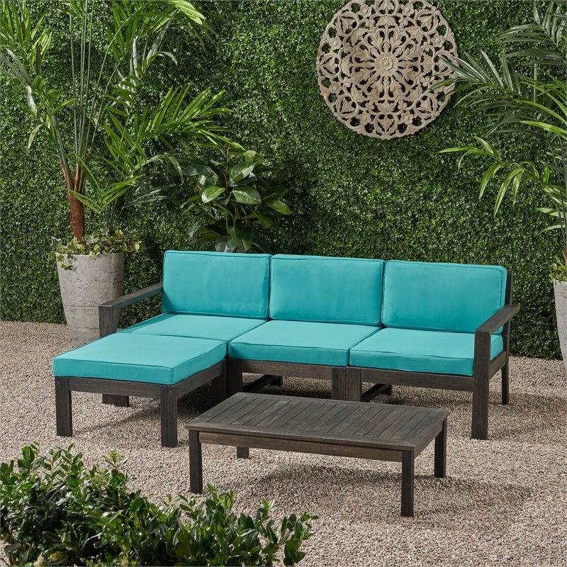 Santa Ana 3 Seater Acacia Wood Sofa Sectional with Cushion Dark Gray/Teal