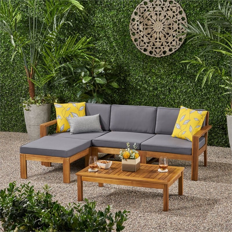 Santa Ana 3 Seater Acacia Wood Sofa Sectional with Cushion Teak/Dark Gray