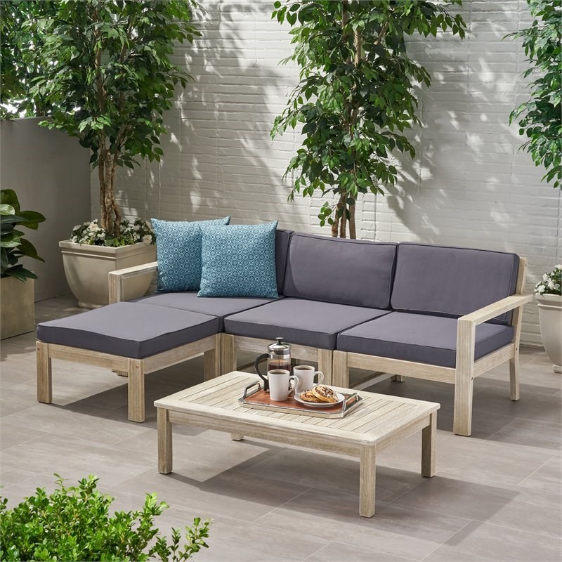 Santa Ana 3 Seater Acacia Wood Sofa Sectional with Cushion Light Gray/Dark Gray