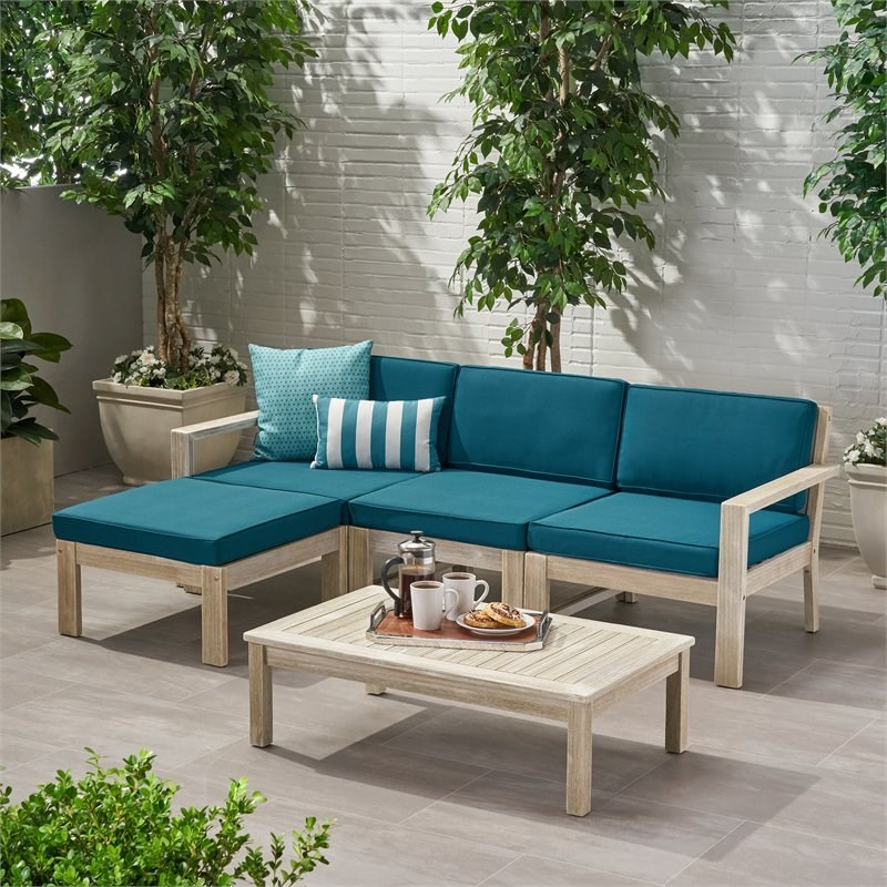 Santa Ana 3 Seater Acacia Wood Sofa Sectional with Cushion Light Gray/Dark Teal