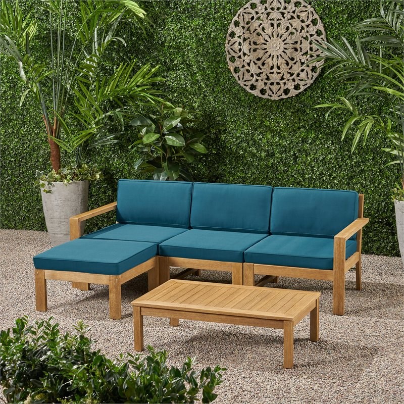 Santa Ana 3 Seater Acacia Wood Sofa Sectional with Cushion Light Brown/Dark Teal