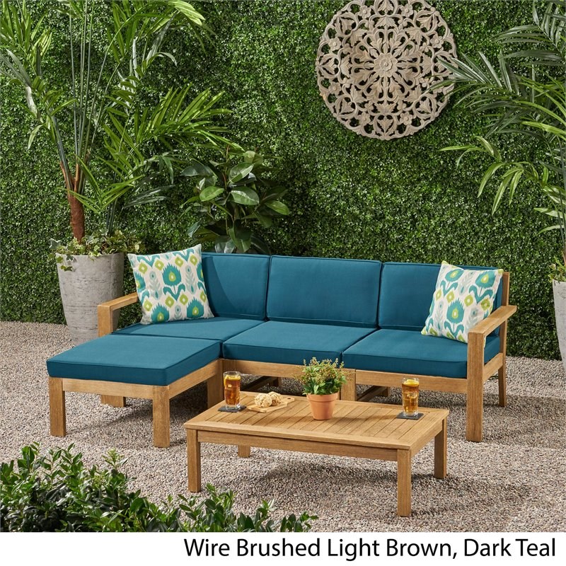 Santa Ana 3 Seater Acacia Wood Sofa Sectional with Cushion Light Brown/Dark Teal