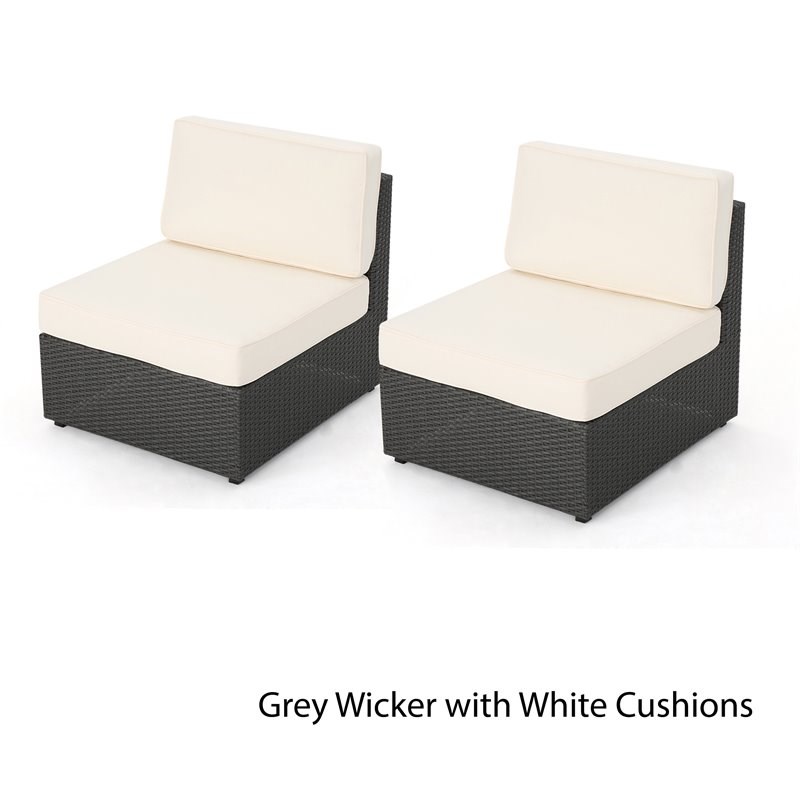 Santa Cruz Grey Wicker Armless Sectional Sofa Seat with White Cushion (Set of 2)