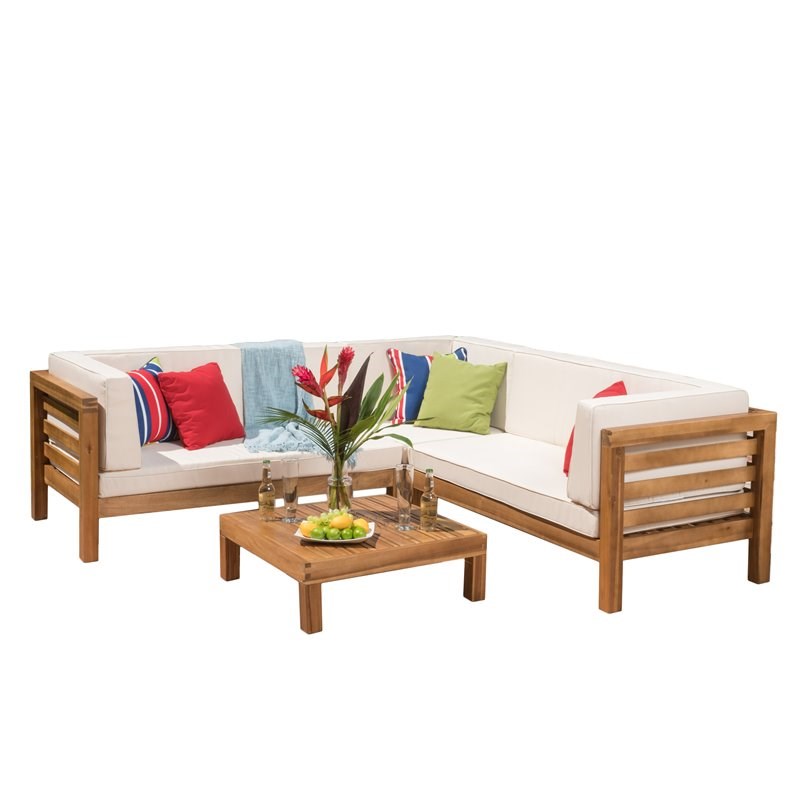 Noble House Oana 5 Seater V Shaped Acacia Wood Sectional Sofa Set Teak/Beige