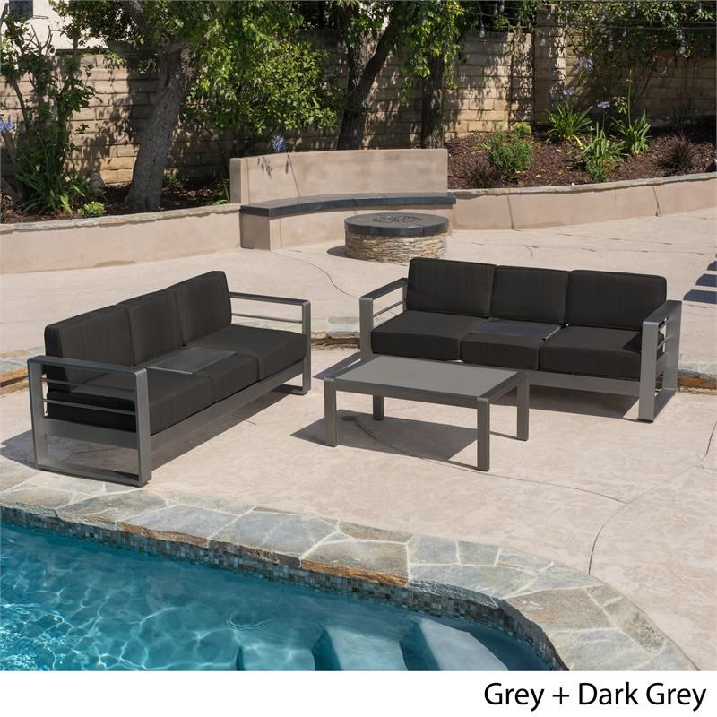 Noble House Cape Coral Outdoor Grey 7 Pc Sofa Chat Set w/ Fire Table