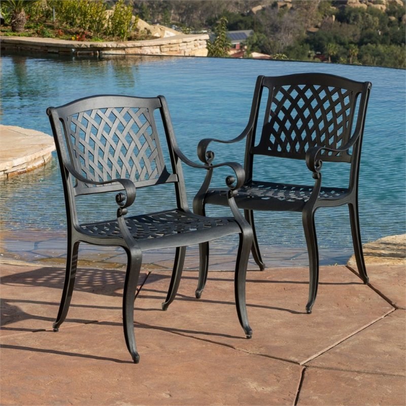 Noble House Hallandale Aluminum Patio Dining Arm Chair in Black Sand (Set of 2)